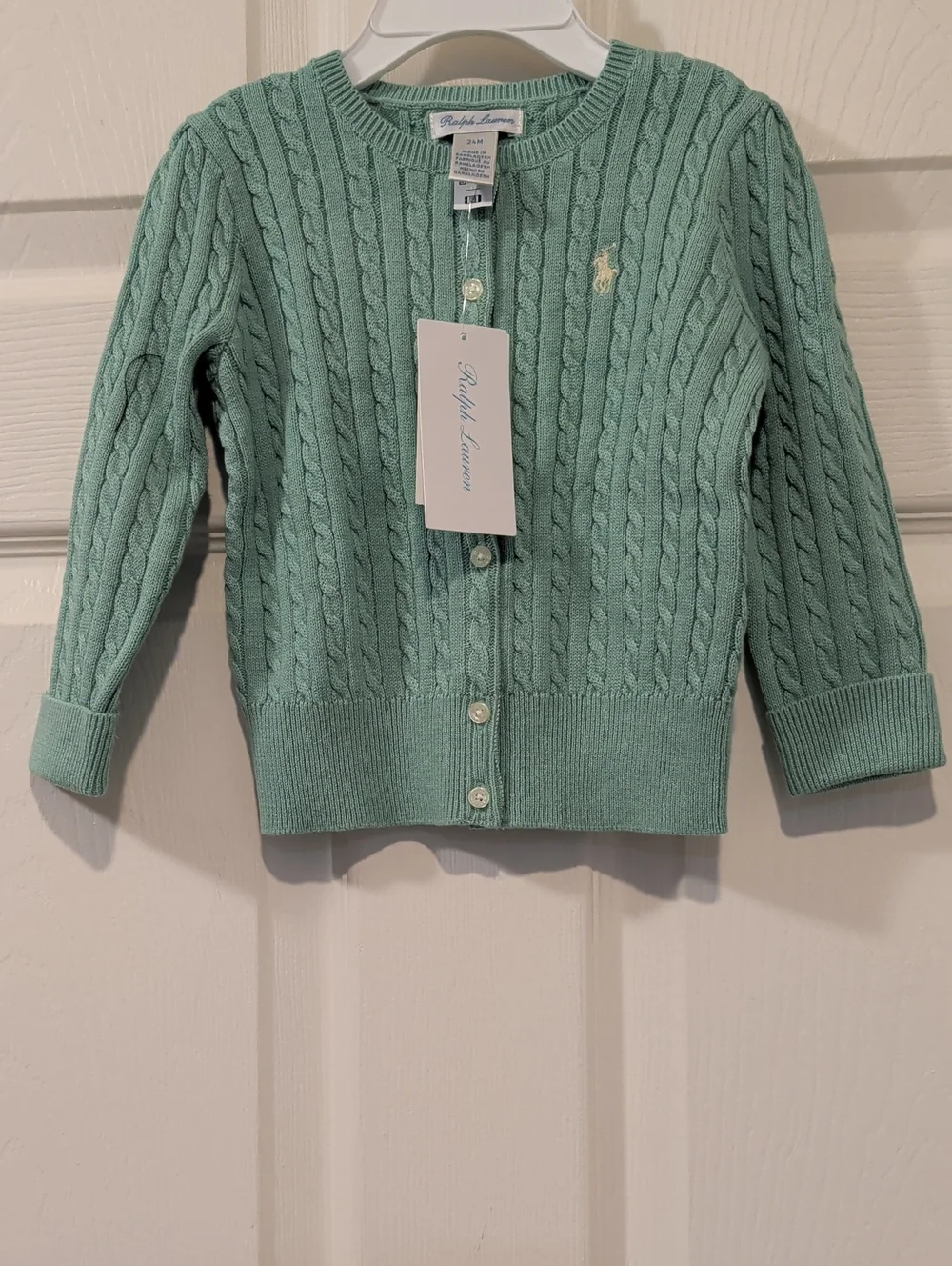 Ralph Lauren Celadon Mini-Cable 100% Cotton Cardigan New with Tags